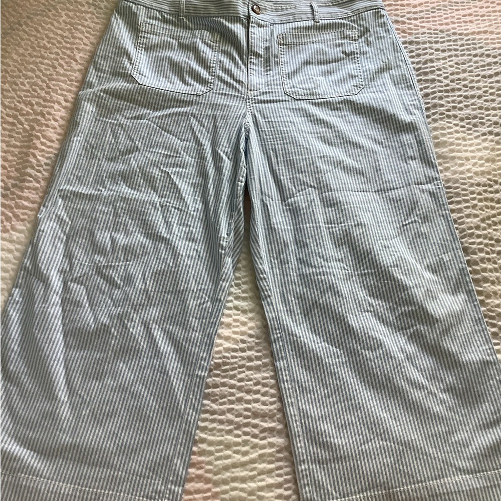 LOFT Light Blue and White Striped Wide-Leg Pants